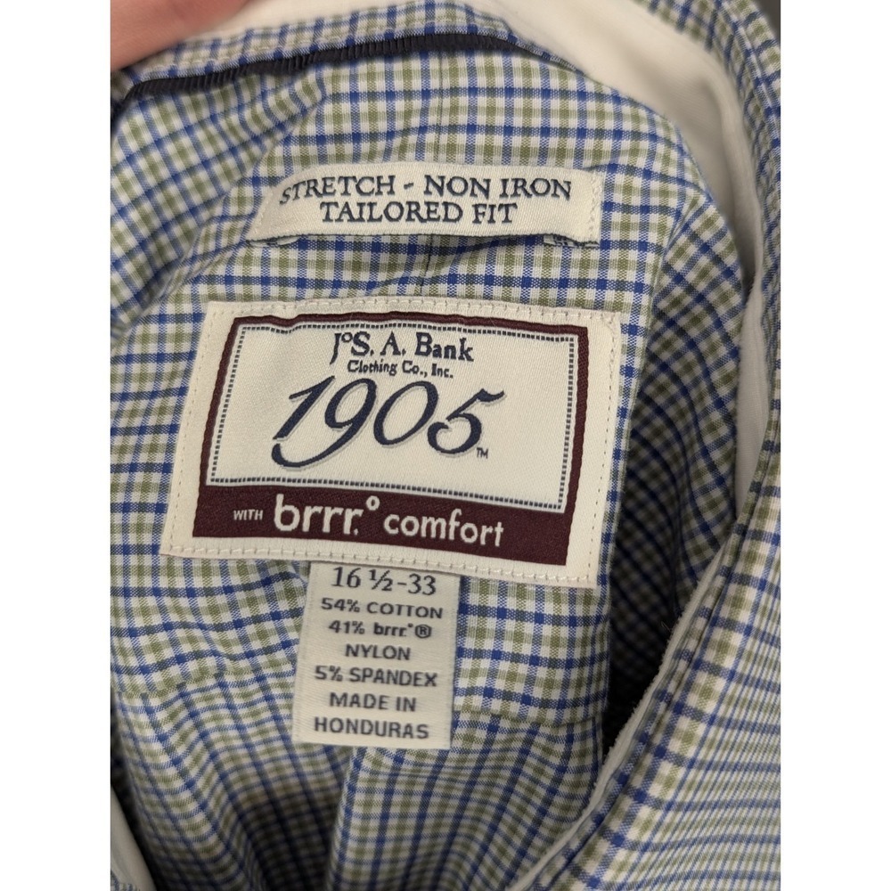 Jos A. Bank 1905 Blue Green Check Brrr Comfort 16.5 33 Dress Shirt Tailored Fit - Picture 2 of 6